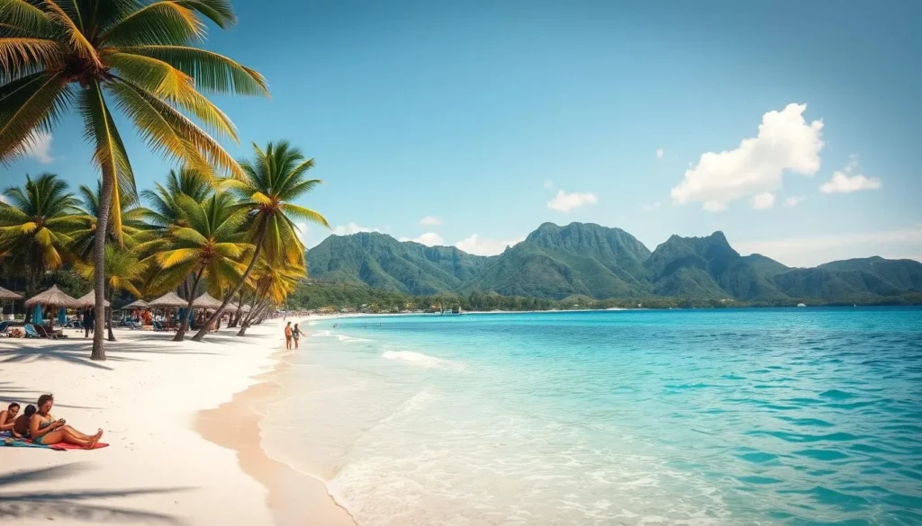 A serene, sun-drenched scene of Montego Bay Beach, Jamaica. Pristine, white sand stretches out, kissed by crystal-clear, turquoise waters gently lapping at the shore. Lush, verdant palm trees sway in the warm Caribbean breeze, casting soft, dappled shadows. In the distance, rugged, emerald-hued hills rise up, creating a picturesque backdrop. Beachgoers enjoy the idyllic setting, some lounging on colorful beach towels, others frolicking in the inviting waters. Soft, natural lighting illuminates the scene, conveying a sense of tranquility and relaxation. Captured through a wide-angle lens, the composition draws the viewer into this serene, tropical paradise.