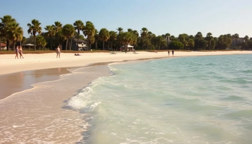 A serene, sun-drenched scene of St. Simons Island's pristine beaches. Crystal-clear ocean waters gently lap against the soft, golden sands, while a gentle breeze rustles the swaying palms in the background. Beachgoers stroll along the shoreline, enjoying the tranquil atmosphere and stunning natural beauty. The scene is bathed in warm, golden light, creating a calming, idyllic atmosphere perfect for a relaxing visit. Capture the essence of the best time to visit this coastal Georgia gem.