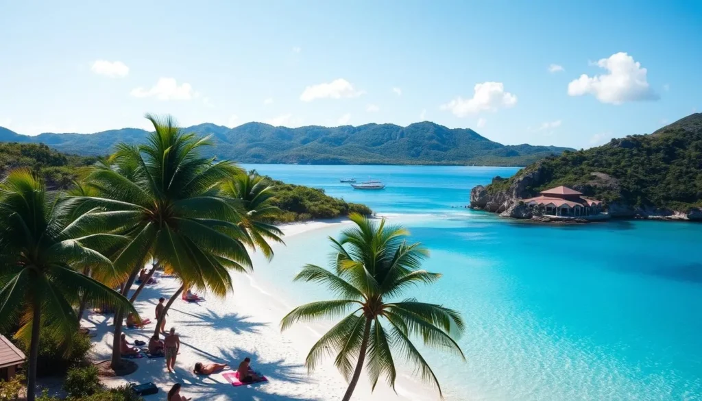 A serene, sun-drenched stretch of pristine white sand beaches on the lush, verdant island of St. John, U.S. Virgin Islands. Turquoise waters shimmer under a bright, cloudless sky, inviting beachgoers to bask in the tropical warmth. Swaying palm trees line the shore, casting gentle shadows across the idyllic scene. In the foreground, people leisurely stroll along the water's edge or relax on plush beach towels, soaking up the tranquil, island atmosphere. The middle ground reveals a picturesque cove, its tranquil bay framed by rugged, verdant cliffs. In the distance, lush, rolling hills covered in lush foliage create a stunning natural backdrop, completing this picture-perfect tropical paradise.