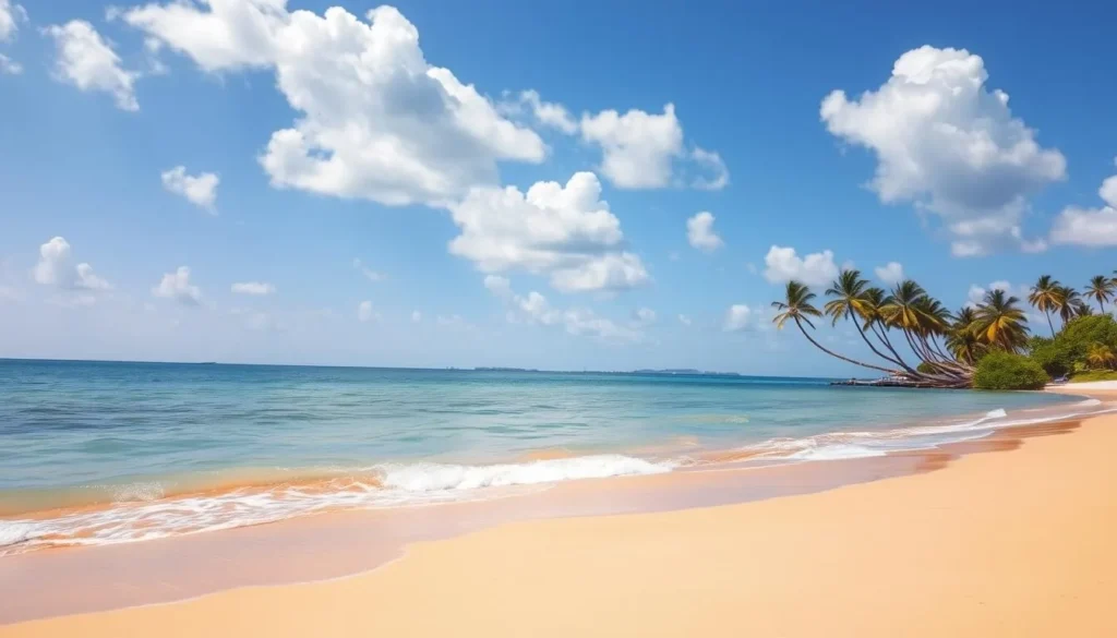 A serene, sun-kissed beach on St. Catherines Island, Georgia. The golden sand stretches out before a clear, turquoise sea. Gentle waves lap at the shore, inviting visitors to dip their toes. In the distance, lush palm trees sway in the warm breeze, casting soft shadows on the tranquil scene. The sky is a brilliant blue, peppered with fluffy white clouds. The lighting is natural and diffused, creating a calming, inviting atmosphere. Capture the essence of this idyllic coastal retreat, perfect for exploring during the best time to visit St. Catherines Island.