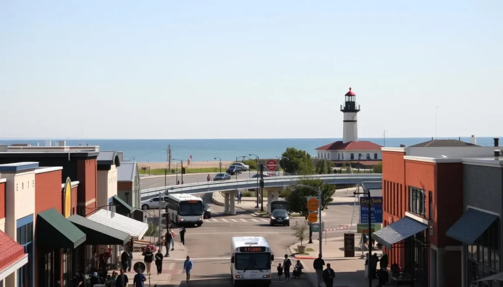 A serene, sunny day in Michigan City, Indiana. In the foreground, bustling streets lined with quaint shops and cafes, people strolling leisurely. In the middle ground, a well-maintained public transit system - buses and trolleys navigating the roads, ferrying locals and visitors alike. The background showcases the picturesque Lake Michigan shoreline, with the historic Michigan City Lighthouse standing tall, its beacon guiding boats and ships. The scene is bathed in warm, golden light, capturing the vibrant, pedestrian-friendly atmosphere of this Midwestern lakeside town.