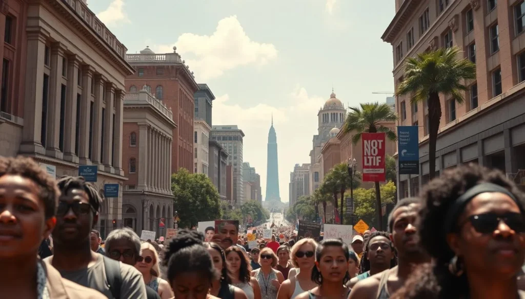 A serene, sunny day in the heart of Alabama's civil rights movement. In the foreground, a peaceful march filled with determined individuals, their faces etched with resolve. In the middle ground, iconic buildings and landmarks that witnessed the struggle for equality, their architecture reflecting the timeless grandeur of the movement. The background depicts a vibrant, bustling city, its streets and sidewalks teeming with life, a symbol of the resilience and progress that emerged from the trials of the past. Soft, diffused lighting illuminates the scene, capturing the solemn yet hopeful atmosphere of this pivotal moment in history.