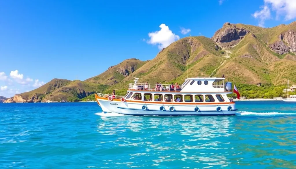A serene, sunny day on the crystal-clear waters of St. John's harbor. A classic, wooden ferry boat gently glides across the bay, its white hull and vibrant blue-and-white trim gleaming in the warm Caribbean sunlight. Lush, verdant hills rise up in the background, creating a picturesque setting. Passengers casually board the ferry, enjoying the gentle sea breeze and stunning vistas of the U.S. Virgin Islands. The scene conveys a sense of tranquility and island escape, perfectly capturing the essence of how to reach the iconic Trunk Bay beach.