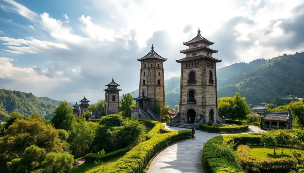 A serene tour site nestled in the lush hills of Kaiping, China. Majestic Diaolou towers dot the landscape, their distinctive architectural styles standing in harmony with the verdant surroundings. Sunlight filters through wispy clouds, casting a warm glow over the scene. In the foreground, a meandering path leads visitors through tranquil gardens, inviting exploration. The middle ground showcases the Diaolou's intricate details - ornate carvings, arched windows, and sturdy stone construction. The background reveals rolling hills, dotted with verdant foliage, creating a picturesque backdrop. The overall atmosphere evokes a sense of timeless elegance and cultural preservation.