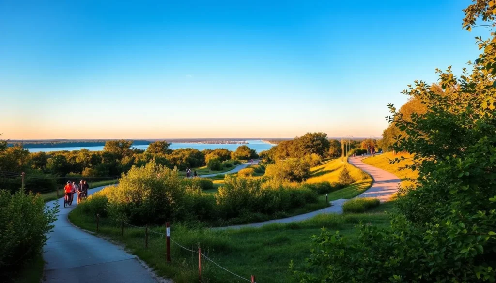 A serene trail system winds along the banks of the majestic Mississippi River, showcasing the natural beauty of Muscatine, Iowa. Lush, verdant foliage frames the path, creating a picturesque scene bathed in warm, golden sunlight. Hikers and cyclists traverse the well-maintained trails, enjoying the gentle breeze and tranquil ambiance. In the distance, the river reflects the clear, azure sky, inviting visitors to pause and take in the scenic splendor. The trail's rolling terrain offers breathtaking vistas, making it an ideal destination for outdoor enthusiasts seeking a serene and rejuvenating experience.