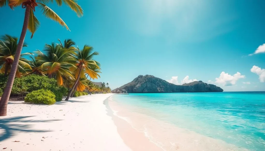 A serene tropical beach on Eleuthera Island, Bahamas, under a bright, cloudless sky. Fine white sand stretches along the crystal-clear turquoise waters, gently lapping at the shore. Tall palm trees sway in the warm breeze, casting dappled shadows on the sand. In the distance, rocky cliffs rise up, adding depth and drama to the picturesque scene. The lighting is natural and soft, highlighting the vibrant colors and textures of the environment. Capture the tranquil and inviting atmosphere of this idyllic Caribbean beach location.
