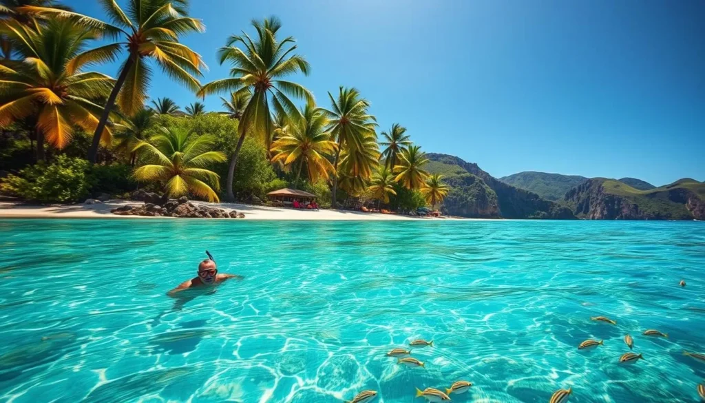 A serene tropical beach on the island of Colebra, Philippines. The clear turquoise waters of Tamarindo Beach sparkle under the warm midday sun. A snorkeler gracefully explores the vibrant coral reef, surrounded by schools of colorful fish. Lush palm trees sway gently in the breeze along the pristine white sand shoreline. In the distance, rugged cliffs and verdant hills create a picturesque natural backdrop. Capture the tranquil beauty and sense of adventure of this must-visit paradise.