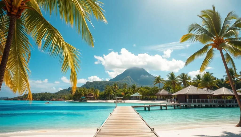 A serene tropical island paradise, Pangaimotu Island in Nuku'alofa, Tonga. A lush, verdant landscape with swaying palm trees casting gentle shadows. Pristine white-sand beaches fringe the crystal-clear turquoise waters of the South Pacific. In the foreground, a picturesque wooden jetty stretches out into the tranquil lagoon. The midground features traditional Tongan thatched-roof bungalows and a few locals strolling along the shore. In the background, a stunning mountainous silhouette rises up, shrouded in wispy clouds. Warm, golden sunlight filters through, creating a picturesque, postcard-worthy scene. Capture the essence of this idyllic Tongan island retreat.