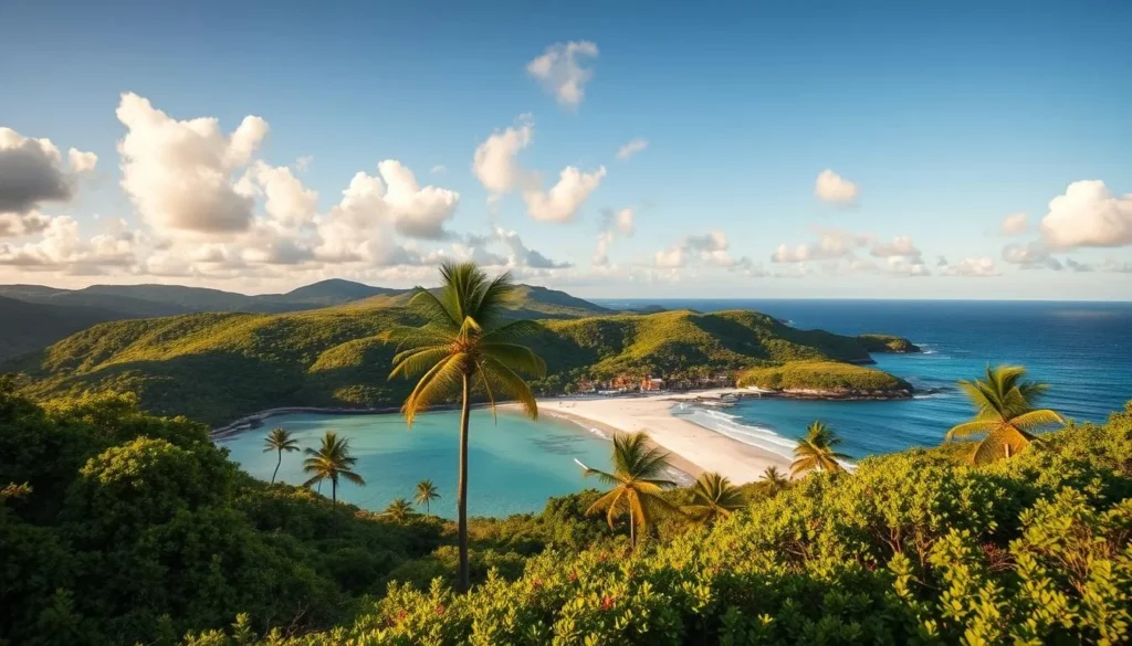 A serene tropical island paradise with lush green hills, swaying palm trees, and pristine white-sand beaches kissed by turquoise waters. Capture the tranquil atmosphere of Vieques Island, Puerto Rico, as the sun's golden rays illuminate the picturesque coastal scenery. Depict a picturesque vista showcasing the island's natural beauty, with rolling hills, vibrant vegetation, and the inviting ocean in the background. Render this scene with a realistic, photographic style, using a wide-angle lens to capture the expansive landscape. Convey a sense of peaceful solitude and the allure of this hidden gem in the Caribbean.