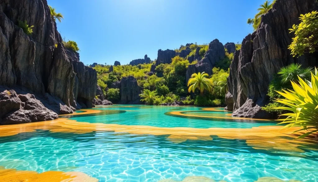 A serene tropical landscape, Culebrita Island's tidal pools shimmer under the warm Caribbean sun. In the foreground, crystal-clear waters beckon, their smooth surfaces mirroring the surrounding lush vegetation. Towering rock formations frame the scene, creating a natural amphitheater of sorts. Vibrant colors abound, from the verdant foliage to the turquoise hues of the pools. A sense of tranquility and wonder permeates the air, inviting the viewer to step into this natural haven and experience the restorative power of these enchanting jacuzzi-like formations. Capture the essence of this idyllic destination, where nature's beauty takes center stage. A serene tropical landscape, Culebrita Island's tidal pools shimmer under the warm Caribbean sun. In the foreground, crystal-clear waters beckon, their smooth surfaces mirroring the surrounding lush vegetation. Towering rock formations frame the scene, creating a natural amphitheater of sorts. Vibrant colors abound, from the verdant foliage to the turquoise hues of the pools. A sense of tranquility and wonder permeates the air, inviting the viewer to step into this natural haven and experience the restorative power of these enchanting jacuzzi-like formations. Capture the essence of this idyllic destination, where nature's beauty takes center stage.