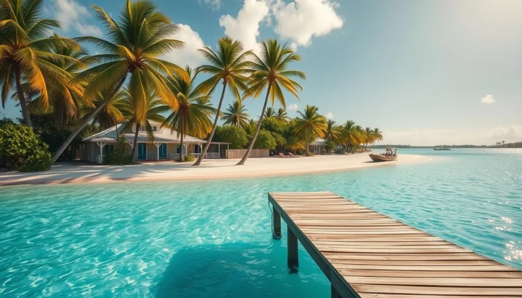 A serene tropical paradise, Blue Lagoon Island in the Bahamas shimmers under the golden sun. Crystalline turquoise waters lap against pristine white sand beaches, surrounded by swaying palm trees and lush, verdant foliage. In the foreground, a lone wooden dock extends into the tranquil lagoon, inviting visitors to dive in and explore the vibrant underwater world. The middle ground reveals quaint, colonial-style buildings in pastel hues, hinting at the island's rich cultural heritage. Framing the scene, the distant horizon is dotted with other small islands, creating a picturesque island-hopping landscape. Capture the essence of this serene, historic Bahamian destination with a soft, hazy, nostalgic photographic style.