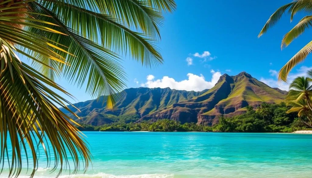 A serene tropical paradise, Oahu's lush landscapes unfold beneath a bright, sun-dappled sky. In the foreground, swaying palm fronds cast dappled shadows on a pristine white-sand beach, where crystalline turquoise waves gently lap the shore. In the middle ground, verdant hills rise, lush with vibrant foliage and cascading waterfalls. The background features the majestic silhouette of the iconic Diamond Head crater, its rugged slopes bathed in warm, golden light. The scene exudes a sense of tranquility and natural beauty, inviting the viewer to immerse themselves in the essence of Oahu's captivating experiences.