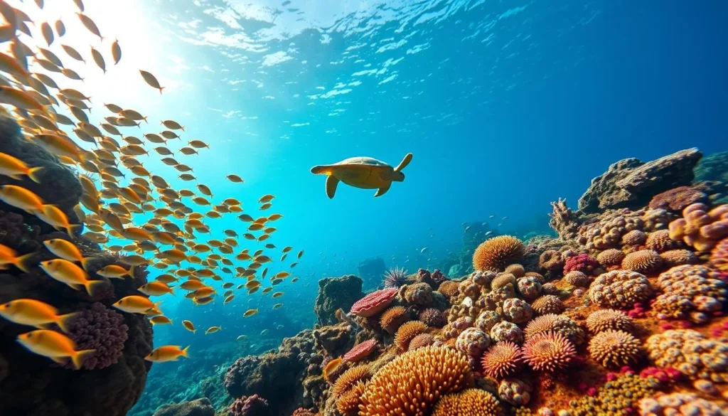 A serene underwater scene showcasing the vibrant marine life of Mozambique. In the foreground, schools of tropical fish in a kaleidoscope of colors dart between vibrant coral formations. In the middle ground, a graceful sea turtle glides effortlessly, its shell reflecting the dappled sunlight filtering down from the surface. In the background, a diverse array of anemones, sponges, and other invertebrates cling to the rocky seafloor, creating a lush and thriving ecosystem. Captured with a wide-angle lens to emphasize the depth and grandeur of this captivating underwater world, bathed in the warm, saturated tones of a sunny day.