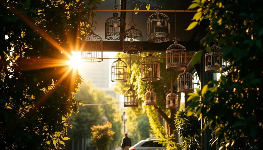 A serene urban oasis in the heart of Sydney, Angel Place showcases a whimsical display of delicate birdcages suspended from the canopy above. Rays of warm, golden sunlight filter through the intricate metalwork, casting a soft, romantic glow across the tranquil setting. In the foreground, clusters of vibrant foliage and lush greenery frame the unique installation, creating a captivating contrast between nature and man-made artistry. The middle ground features the ornate birdcages, their intricate designs and varied silhouettes conveying a sense of enchantment and wonder. The background gently fades into the surrounding architecture, allowing the focal point to shine. An oasis of charm and serendipity, this hidden gem beckons visitors to pause, reflect, and immerse themselves in the enchanting ambiance.