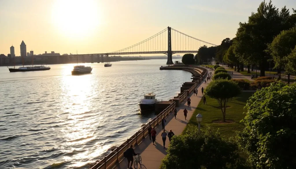 A serene view of the Delaware River waterfront in Philadelphia, with the iconic Benjamin Franklin Bridge towering in the background. The sun casts a warm glow across the gently lapping waves, illuminating the bustling activity along the promenade. Joggers, cyclists, and strollers enjoy the scenic riverscape, while historic ships and boats dot the water's edge. Lush greenery lines the riverbanks, creating a peaceful oasis amidst the urban landscape. The scene is captured through a wide-angle lens, showcasing the breadth and grandeur of this beloved outdoor space.
