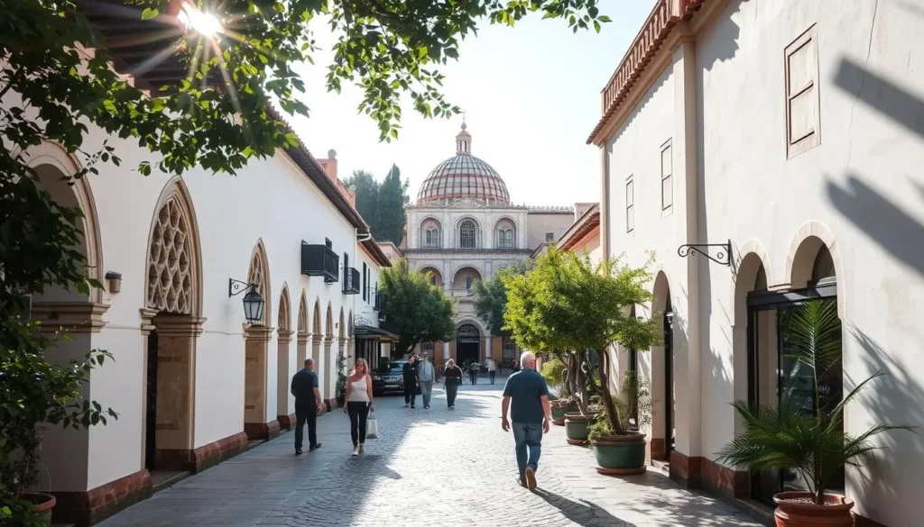 A serene walkway meanders through the historic heart of Córdoba, Spain. Sunlight filters through lush greenery, casting dappled shadows on the cobblestone path. Whitewashed buildings with ornate Moorish architecture line the route, their ornate arches and intricate details inviting exploration. In the distance, the iconic Mezquita-Catedral de Córdoba rises majestically, its distinctive red-and-white striped arches a testament to the city's rich cultural heritage. Pedestrians stroll leisurely, pausing to admire the views or duck into quaint cafes and boutiques. The scene exudes a tranquil, timeless atmosphere, perfectly capturing the essence of getting around this captivating Andalusian city.