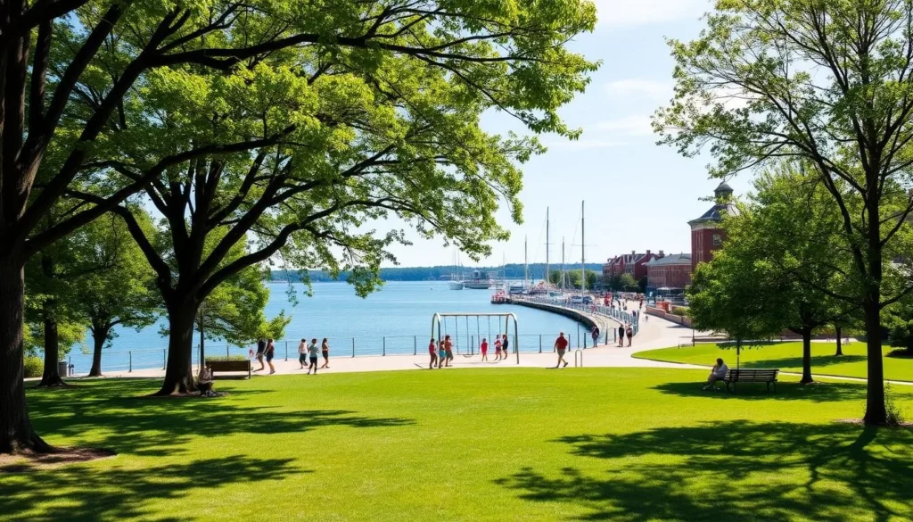 A serene waterfront park in Newburyport, Massachusetts on a pleasant sunny day. A lush green lawn leads to a promenade overlooking the Merrimack River. Families stroll along the boardwalk, children play on the swings and splash in the fountains. Mature trees provide dappled shade, their branches swaying gently in the breeze. Historic brick buildings and sailing masts in the distance set an idyllic, quintessentially New England atmosphere. Capture the scene with a wide-angle lens to showcase the expansive, picturesque setting, perfect for a family outing.