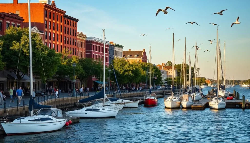 A serene waterfront scene along the Merrimack River in Newburyport, Massachusetts. A picturesque marina with a row of sailboats and yachts gently bobbing on the calm waters. In the background, historic brick buildings line the quaint downtown streets, their facades basking in the warm afternoon sunlight. Pedestrians stroll along the tree-lined promenade, enjoying the scenic views and gentle breeze. Seagulls soar overhead, completing the quintessential New England coastal ambiance. Capture this idyllic setting with a wide-angle lens, showcasing the harmony between the natural and built environments.