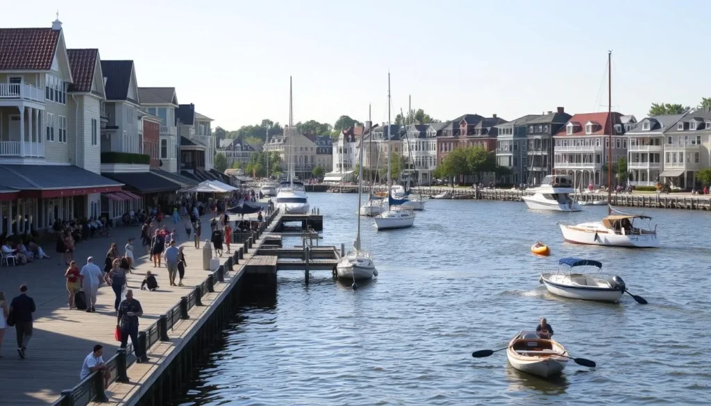 A serene waterfront scene in New Bern, North Carolina, featuring a picturesque harbor lined with lively restaurants, boutiques, and historical landmarks. In the foreground, a bustling boardwalk runs along the Neuse River, dotted with people strolling, fishing, and enjoying the warm sunshine. In the middle ground, sailboats and kayaks drift across the glistening waters, while in the background, a row of charming, colonial-style buildings with colorful facades rise up, creating a charming and inviting atmosphere. The scene is bathed in soft, natural lighting, captured with a wide-angle lens to showcase the expansive waterfront and its many attractions.