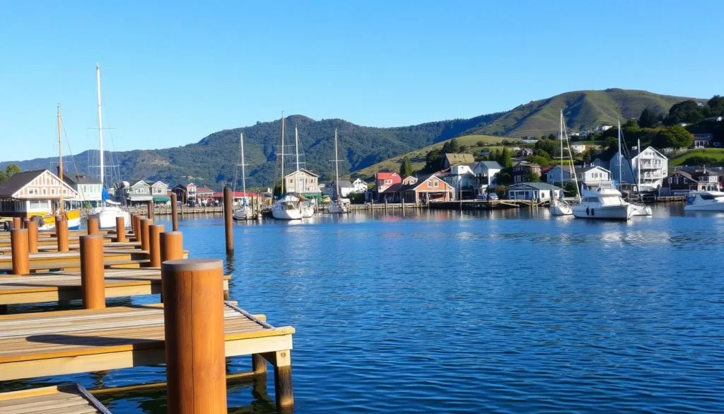 A serene waterfront scene in Sausalito, California on a pleasant sunny day. In the foreground, wooden docks and boats gently sway in the calm waters of the San Francisco Bay. In the middle ground, quaint colorful houses and shops line the picturesque harbor, their reflections shimmering on the surface. In the background, the rolling hills of the Marin Headlands rise up, their lush greenery contrasting with the clear blue sky. The scene is bathed in warm, soft lighting, creating a tranquil and inviting atmosphere that captures the charming essence of this picturesque coastal town. A serene waterfront scene in Sausalito, California on a pleasant sunny day. In the foreground, wooden docks and boats gently sway in the calm waters of the San Francisco Bay. In the middle ground, quaint colorful houses and shops line the picturesque harbor, their reflections shimmering on the surface. In the background, the rolling hills of the Marin Headlands rise up, their lush greenery contrasting with the clear blue sky. The scene is bathed in warm, soft lighting, creating a tranquil and inviting atmosphere that captures the charming essence of this picturesque coastal town.