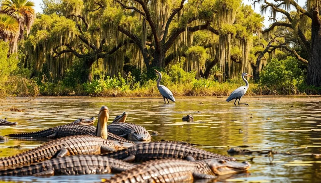 A serene wetland teeming with diverse wildlife. In the foreground, a family of alligators basks in the warm sunlight, their scales glistening. In the middle ground, a great blue heron stalks its prey, its long neck and legs gracefully moving through the shallow waters. In the background, a lush canopy of cypress trees and Spanish moss creates a tranquil, verdant backdrop. The scene is bathed in soft, golden light, creating a peaceful, contemplative atmosphere. Capture this idyllic wildlife viewing experience with a wide-angle lens, showcasing the harmony between the animal inhabitants and their natural environment.