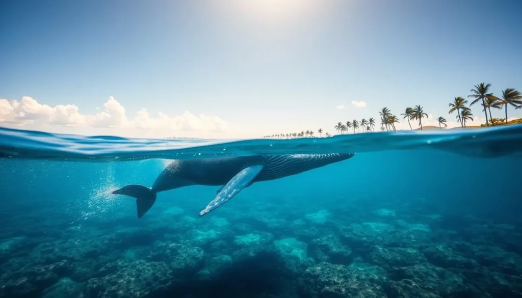 A serene whale gracefully gliding through the azure waters of Nuku'alofa's harbor, its massive frame slicing through the gentle waves. Sunlight dances on the surface, casting a warm glow over the vibrant coral-lined seafloor below. In the distance, the silhouettes of palm trees sway against a cloudless sky, creating a tranquil, tropical atmosphere. The whale's powerful yet majestic movements capture the essence of Tonga's natural wonders, inviting viewers to immerse themselves in the beauty of this Pacific island paradise.