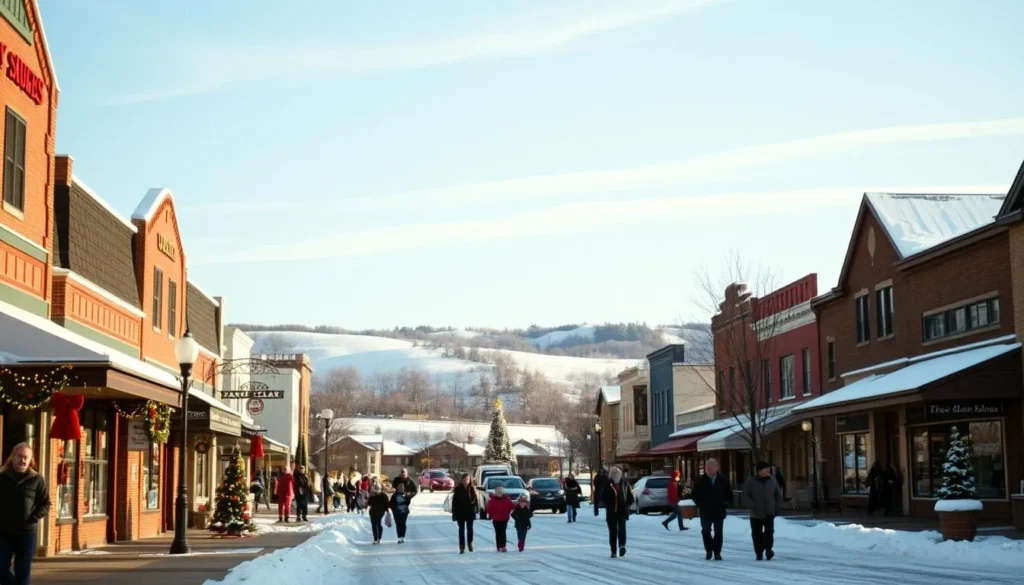 A serene winter day in Santa Claus, Indiana. In the foreground, a charming small-town main street lined with festive shops and decorated with twinkling lights. In the middle ground, families bundled up in cozy winter attire stroll along the sidewalks, enjoying the quaint holiday atmosphere. In the background, a picturesque snow-capped landscape with rolling hills and a clear, blue sky. Warm, soft lighting creates a cozy, inviting ambiance, as if captured through a vintage film lens. The overall scene evokes the spirit of planning a magical trip to this enchanting holiday destination.