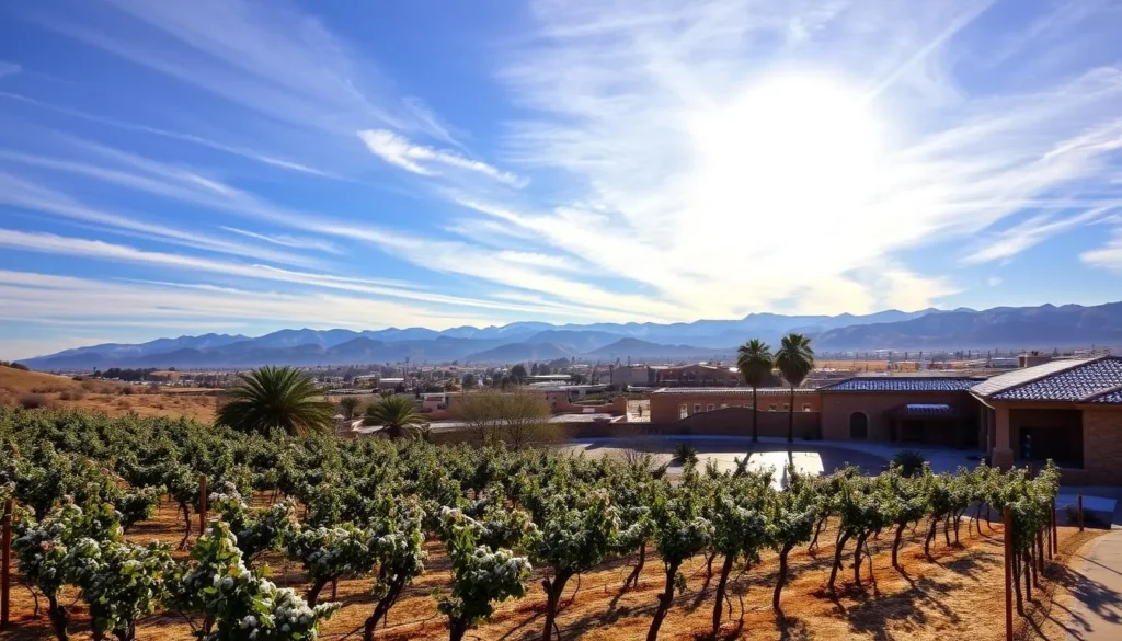 A serene winter day in Temecula, California. A picturesque landscape bathed in warm, golden sunlight filters through wispy cirrus clouds. In the foreground, a quaint, snow-dusted vineyard nestled among rolling hills. Verdant, frost-tipped vines contrast with the weathered, earthy tones of the soil. In the middle ground, a charming town square with adobe-style buildings, their terracotta roofs glistening. Towering palm trees sway gently, adding a touch of the Southwest. In the distance, the majestic Temecula Valley mountains rise, their peaks capped with a light dusting of snow, creating a serene and tranquil winter scene.