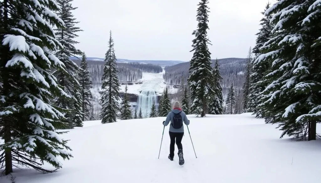 A serene winter landscape at Gooseberry Falls State Park, Minnesota. In the foreground, a person snowshoeing through a blanket of pristine white snow, their tracks trailing behind. Tall, snow-capped pine trees frame the scene, creating a peaceful, natural atmosphere. The middle ground features the iconic Gooseberry Falls, its frozen cascades glistening in the soft, diffused lighting of an overcast day. In the background, rolling hills covered in a delicate layer of snow stretch out towards the horizon. The overall mood is one of tranquility and wonder, capturing the essence of seasonal activities at this picturesque Minnesota state park.