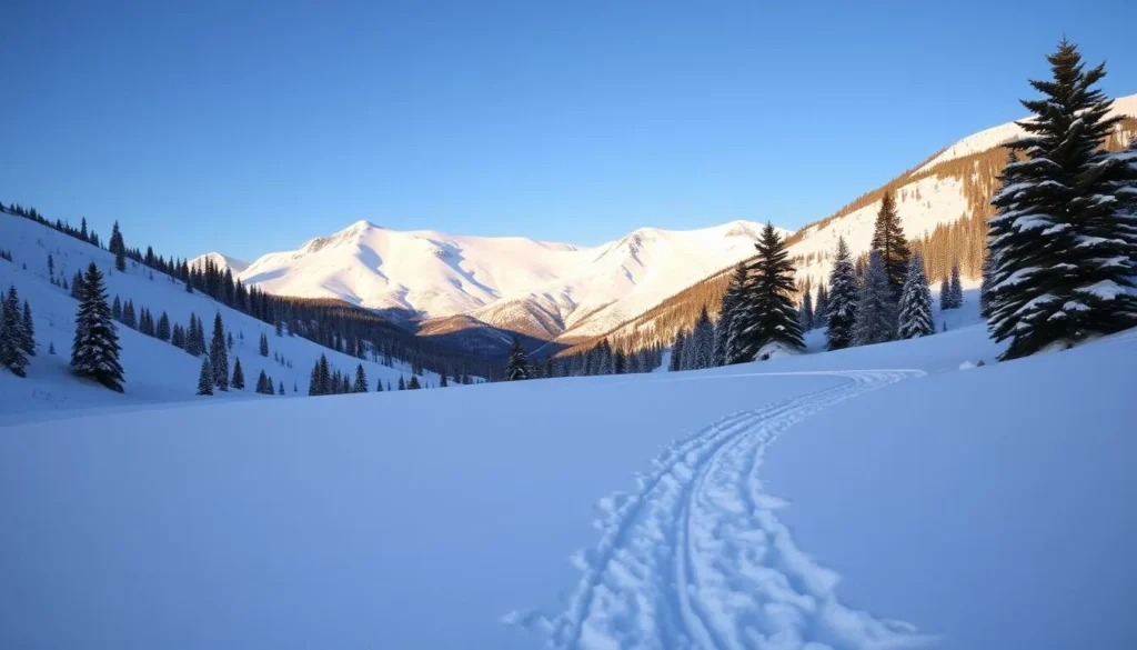 A serene winter landscape at Powder Mountain, Utah, showcasing the tranquil snowshoeing trails. The foreground features a well-trodden path winding through a blanket of pristine, powdery snow, inviting explorers to venture forth. In the middle ground, majestic, snow-capped peaks rise majestically, their slopes dotted with evergreen trees. The background is dominated by a clear, azure sky, illuminated by warm, natural lighting that casts a soft, ethereal glow over the scene. The overall atmosphere is one of peaceful solitude, perfect for a serene, non-skiing outdoor adventure.