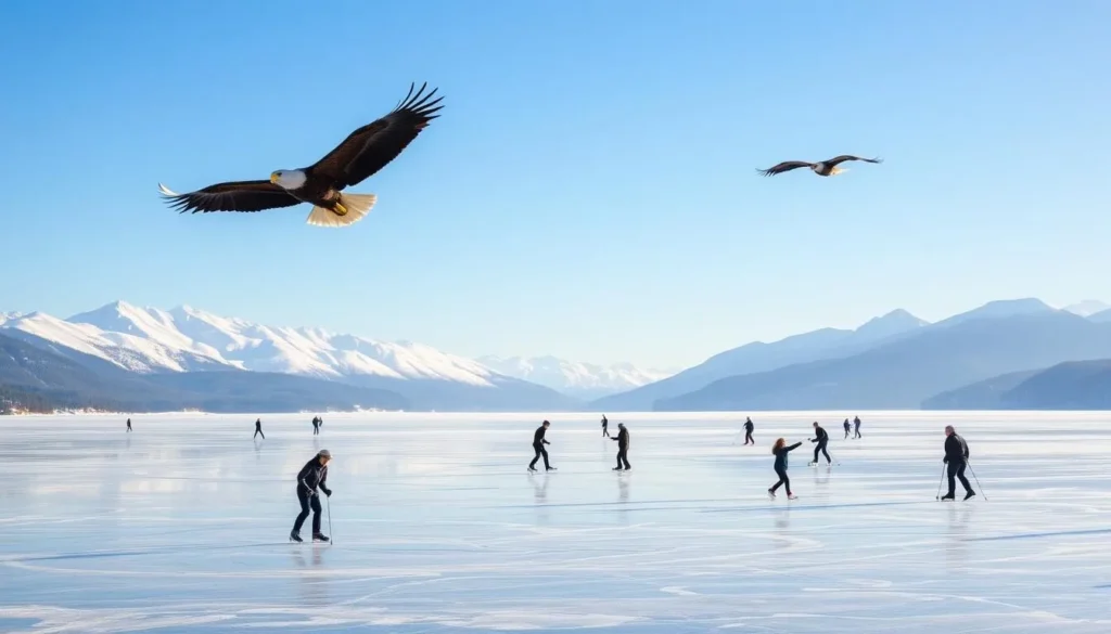 A serene winter landscape in Skagit Valley, Washington. In the foreground, a tranquil frozen lake reflects the surrounding snow-capped peaks. In the middle ground, people ice skating and cross-country skiing, their movements creating graceful patterns on the ice. In the background, majestic bald eagles soar overhead, their powerful wings silhouetted against a crisp, azure sky. The scene is bathed in soft, natural lighting, creating a warm, inviting atmosphere. The overall mood is one of peaceful coexistence between nature and human activity in this picturesque Pacific Northwest setting.
