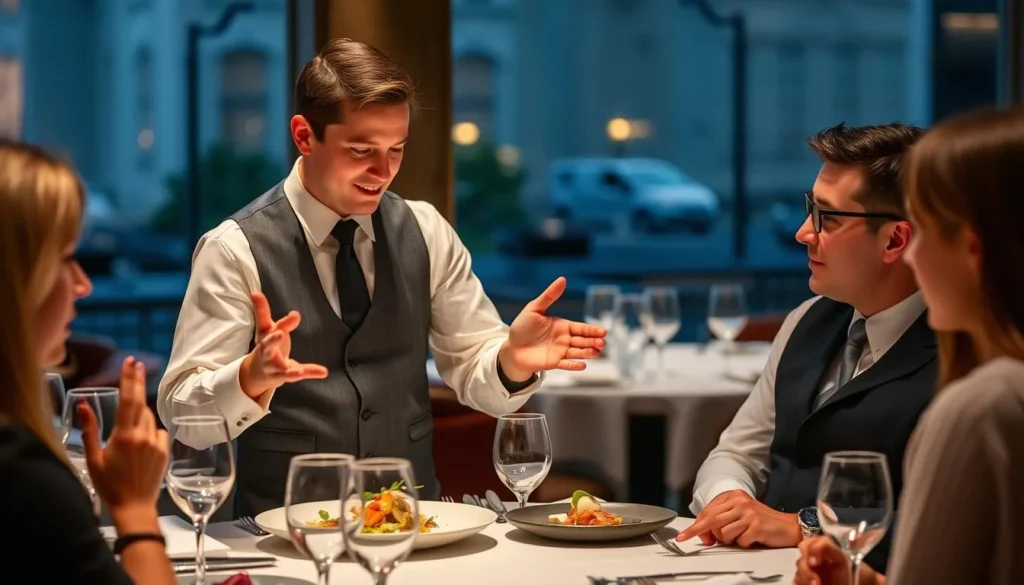 A server explaining an unusual dish to diners at a high-end experimental restaurant in DC