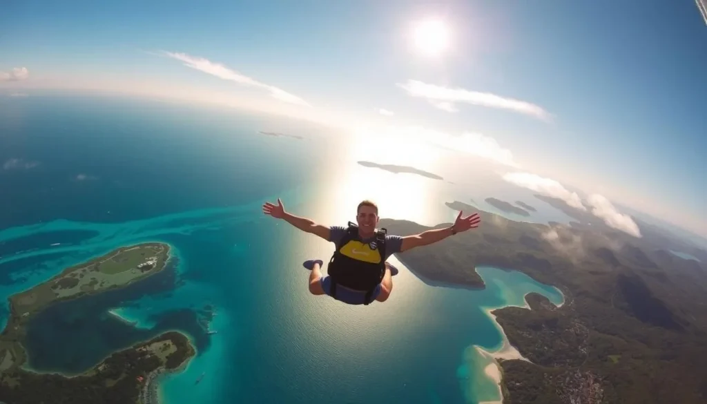 A skydiver gracefully descending over the crystalline waters and lush tropical islands of the Whitsunday archipelago. The shimmering azure ocean stretches out below, dotted with the iconic white-sand beaches and verdant foliage of this picturesque Queensland region. The skydiver's body is fully extended, limbs outstretched, silhouetted against the bright, clear sky. Sunlight filters through wispy clouds, casting a warm, golden glow on the scene. The overall impression is one of exhilaration, freedom, and the natural beauty of this premier adventure tourism destination.