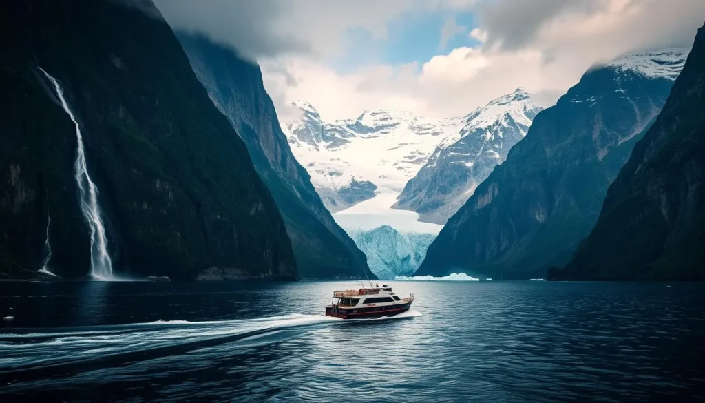 A small boat navigating through the dramatic Patagonian fjords with glaciers visible in the distance A small boat navigating through the dramatic Patagonian fjords with glaciers visible in the distance