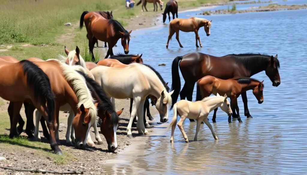 A small herd of wild Chincoteague ponies with foals near the water's edge A small herd of wild Chincoteague ponies with foals near the water's edge