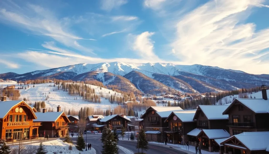 A snow-capped mountain range in the distance, with the iconic Keystone ski resort nestled at the base, its slopes dotted with skiers gliding down the powdery white runs. In the foreground, a cozy village scene with quaint shops, cafes, and lodges, their warm lights casting a welcoming glow. The sky is a brilliant blue, with wispy clouds drifting overhead, and the crisp, clean air is infused with the scent of pine. The whole scene is bathed in the soft, natural light of a perfect winter day, inviting the viewer to imagine the thrill of carving turns on the mountain and the comfort of après-ski relaxation in the charming town.