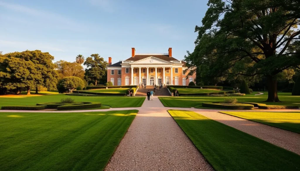 A sprawling Georgian-style mansion stands majestically amidst lush, manicured gardens, its stately columns and symmetrical facade bathed in warm, golden light. Visitors stroll along the gravel pathways, marveling at the timeless elegance of the historic structure. The expansive, tree-lined lawn stretches out before the house, inviting further exploration. Captured through a wide-angle lens, the scene exudes a sense of grandeur and historical significance, perfectly embodying the iconic Mount Vernon estate and the quintessential Virginia countryside.