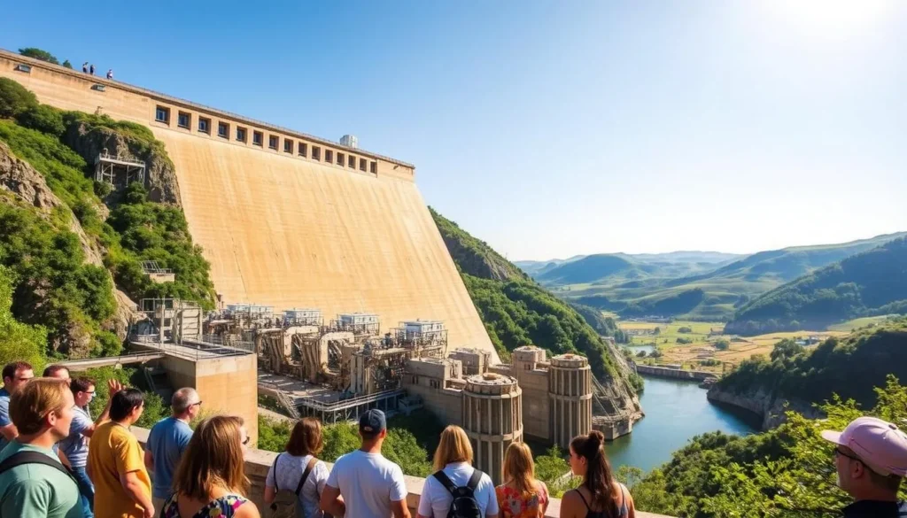 A sprawling hydroelectric plant nestled amidst lush, verdant surroundings. The towering dam stands majestically, its concrete walls reflecting the sunlight's golden glow. In the foreground, a guided tour group admires the engineering marvel, their expressions filled with wonder as they take in the sheer scale and power of the facility. The middle ground showcases the intricate network of turbines, generators, and control panels, a testament to the plant's efficient energy production. In the distance, the rolling hills and clear skies create a picturesque backdrop, emphasizing the harmony between nature and this industrial marvel. The scene is captured with a wide-angle lens, conveying a sense of grandeur and immersion, inviting the viewer to imagine the sights and sounds of a hydroelectric plant tour.