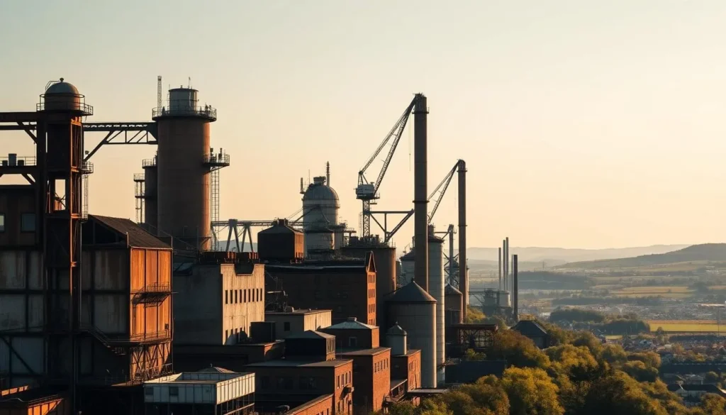 A sprawling industrial complex in Belval, Luxembourg, standing tall against a clear sky. In the foreground, rusting steel structures and weathered brick buildings, their facades adorned with intricate architectural details. Mid-ground, towering cranes and silos, remnants of the nation's manufacturing past. In the background, lush green hills and a distant cityscape, creating a captivating contrast between the industrial and the natural. Soft, warm lighting illuminates the scene, casting long shadows and lending an air of nostalgic tranquility. Capture this unique fusion of Luxembourg's industrial heritage and natural beauty in a wide, cinematic frame.