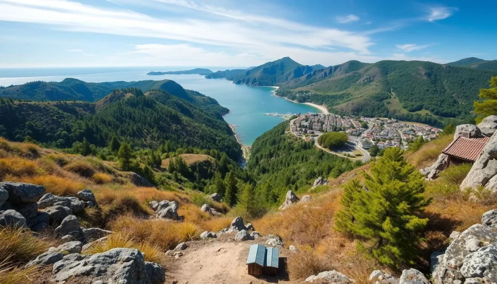A sprawling landscape of rolling hills, lush forests, and sparkling coastlines, the Izu Peninsula showcases the natural beauty of eastern and western Japan. In the east, dramatic cliffs and hidden coves line the rugged shoreline, while the west boasts tranquil bays, sandy beaches, and quaint fishing villages. Capture the contrast with a wide-angle lens, framing the peninsula's diverse terrain under a bright, sun-dappled sky. Highlight the distinctive geological features, from the jagged sea stacks to the undulating ridges, to convey the unique character of this scenic region. Evoke a sense of serene exploration, inviting the viewer to discover the hidden gems of both the eastern and western halves of the Izu Peninsula.