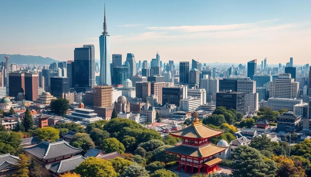 A sprawling landscape of towering skyscrapers and historical landmarks, the Kantō region of Japan stands as a striking blend of modernity and tradition. Against a backdrop of azure skies, capture the iconic silhouette of Tokyo's soaring towers, their sleek glass facades glimmering in the warm sunlight. In the foreground, showcase the elegant architecture of ancient shrines and temples, their intricate roofs and ornate details a testament to Japan's rich cultural heritage. Weave in lush parks and gardens, their verdant foliage providing a serene contrast to the bustling urban center. Utilize a wide-angle lens to encapsulate the grand scale and diverse elements of this dynamic region, conveying a sense of awe and wonder at the harmonious coexistence of the old and the new.