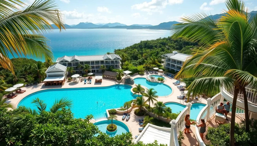 A sprawling, luxurious Montego Bay resort nestled amidst lush, verdant foliage. Crystalline pools and sun-soaked terraces beckon, while elegant white buildings with Caribbean-inspired architecture rise gracefully against a backdrop of hazy blue mountains. Guests sip tropical cocktails on breezy balconies, overlooking the shimmering turquoise waters of the Caribbean Sea. Warm sunlight filters through swaying palm fronds, casting a tranquil, idyllic atmosphere over the scene. Capture the essence of relaxation and indulgence that defines the quintessential Montego Bay resort experience.