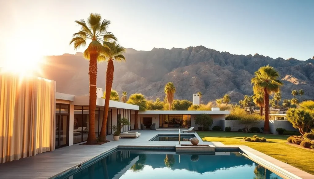 A sprawling mid-century modern villa nestled amidst the sun-drenched, palm-fringed landscape of Palm Springs. Clean lines, floor-to-ceiling windows, and a sleek, minimalist aesthetic evoke the timeless elegance of this desert oasis. Warm, golden light filters through sheer curtains, casting a gentle glow over the inviting, open-concept living spaces. In the foreground, a serene pool reflects the azure sky, surrounded by lush greenery and neatly manicured grounds. Beyond, the rugged, undulating peaks of the San Jacinto Mountains rise majestically, creating a dramatic natural backdrop to this stunning mid-century architectural gem.