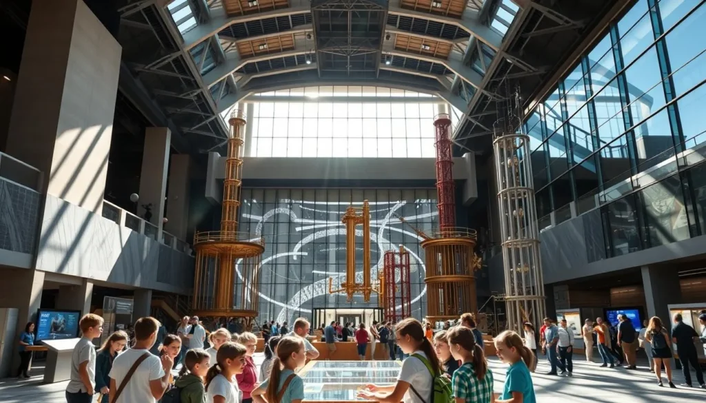 A sprawling science museum standing tall, its grand entrance inviting visitors to explore the wonders of science and technology. Sunlight streams through the expansive glass atrium, illuminating interactive exhibits and captivating displays. In the foreground, a group of eager students gathers around a hands-on demonstration, their faces alight with curiosity. The middle ground showcases towering replicas of historic scientific instruments, while the background features a sleek, modern architecture that seamlessly blends form and function. An atmosphere of discovery and learning permeates the space, beckoning visitors to dive into the rich cultural tapestry of this premier educational institution.