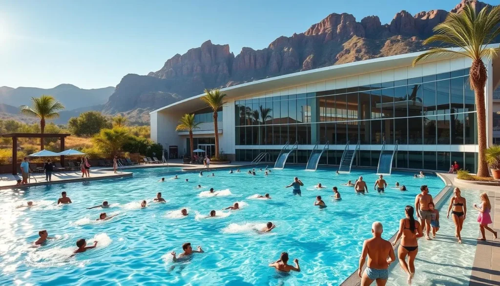 A sprawling, state-of-the-art aquatic center nestled against the majestic backdrop of the Cedar Mountains. The facade features sleek, modern architecture with expansive glass walls, allowing natural light to flood the indoor pools. People of all ages frolic in the crystal-clear waters, some splashing in the zero-depth entry, others diving gracefully off the high platforms. Lush greenery and towering palm trees surround the complex, creating a tranquil, resort-like atmosphere. Sunlight dances on the gently rippling surface, casting shimmering reflections. Families gather on the pool deck, laughing and enjoying quality time together in this vibrant, family-friendly oasis.