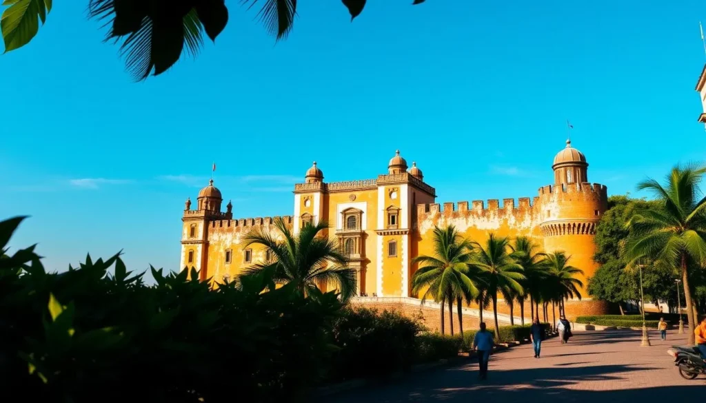 A stately, 16th-century Spanish colonial fortress, Castillo de la Real Fuerza stands proudly against a clear azure sky. Its ochre-hued walls and ornate turrets reflect in the shimmering waters of Havana Harbor. In the foreground, lush tropical foliage frames the imposing structure, while pedestrians stroll along the cobblestone plaza. Warm sunlight bathes the scene, casting dramatic shadows that accentuate the fortress's intricate architectural details. The mood is one of historical grandeur and timeless tranquility, inviting visitors to step back in time and explore this iconic landmark of Old Havana.