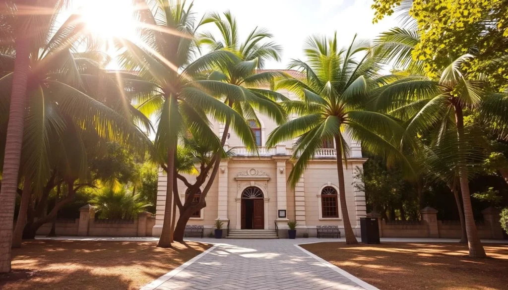 A stately 19th-century limestone structure nestled amidst lush palm trees, its elegant arched windows and ornate façade reflecting the island's colonial heritage. Sunlight filters through the branches, casting a warm glow over the well-preserved historic site. In the foreground, a cobblestone path leads visitors towards the entrance, inviting them to explore the site's rich history. The tranquil scene evokes a sense of timelessness, transporting the viewer to a bygone era on the idyllic island of Grand Cayman.