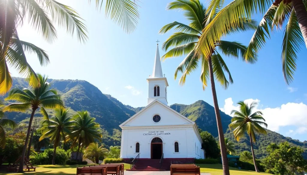 A stately colonial-style Catholic church nestled in the lush, verdant hills of Soufriere, Dominica. The Soufriere Catholic Church of Saint Mark stands proudly, its crisp white facade and ornate steeple reflecting the warm Caribbean sunlight. Tall palm trees sway gently in the breeze, framing the picturesque scene. Visitors can explore the well-preserved interior, admiring the intricate wooden pews and ornate altar, transporting them back to Dominica's rich historical past. The church's serene atmosphere and stunning natural setting make it a must-visit destination for history enthusiasts exploring Soufriere.