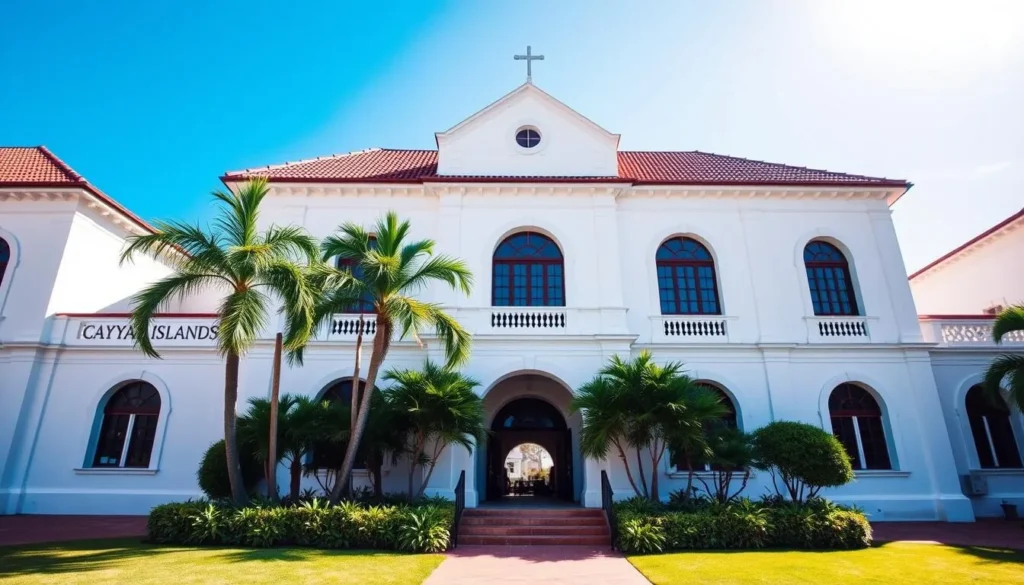 A stately, colonial-style building with crisp white walls and red-tiled roofs stands proudly against a clear azure sky. Manicured tropical foliage frames the entrance, leading visitors into the Cayman Islands National Museum. The grand, symmetrical facade exudes a sense of history and elegance, inviting exploration of the island's rich cultural heritage. Sunlight filters through the ornate arched windows, casting warm hues across the elegant architecture. The scene conveys a peaceful, tranquil atmosphere, perfectly capturing the essence of George Town's historic attractions.