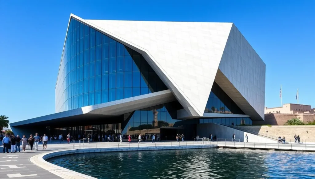 A striking architectural masterpiece standing tall against the azure Marseille sky. The MuCEM, a jaw-dropping fusion of concrete and glass, its geometric forms casting dramatic shadows across the bustling esplanade. Visitors stroll through the grand entrance, captivated by the interplay of light and shadow, the structure's unique silhouette mirrored in the calm waters below. The museum's distinctive bridge-like structure connects to the historic Fort Saint-Jean, blending old and new in a harmonious visual symphony. Capture the cultural vibrancy of this Marseille landmark, showcasing its bold, modern design in a crisp, sun-dappled scene. A striking architectural masterpiece standing tall against the azure Marseille sky. The MuCEM, a jaw-dropping fusion of concrete and glass, its geometric forms casting dramatic shadows across the bustling esplanade. Visitors stroll through the grand entrance, captivated by the interplay of light and shadow, the structure's unique silhouette mirrored in the calm waters below. The museum's distinctive bridge-like structure connects to the historic Fort Saint-Jean, blending old and new in a harmonious visual symphony. Capture the cultural vibrancy of this Marseille landmark, showcasing its bold, modern design in a crisp, sun-dappled scene.